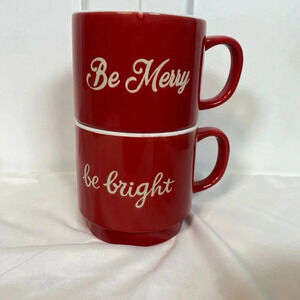 Be Merry & Be Bright - 2PC Stacking Red Coffee Tea Mug Set - Holiday Christmas